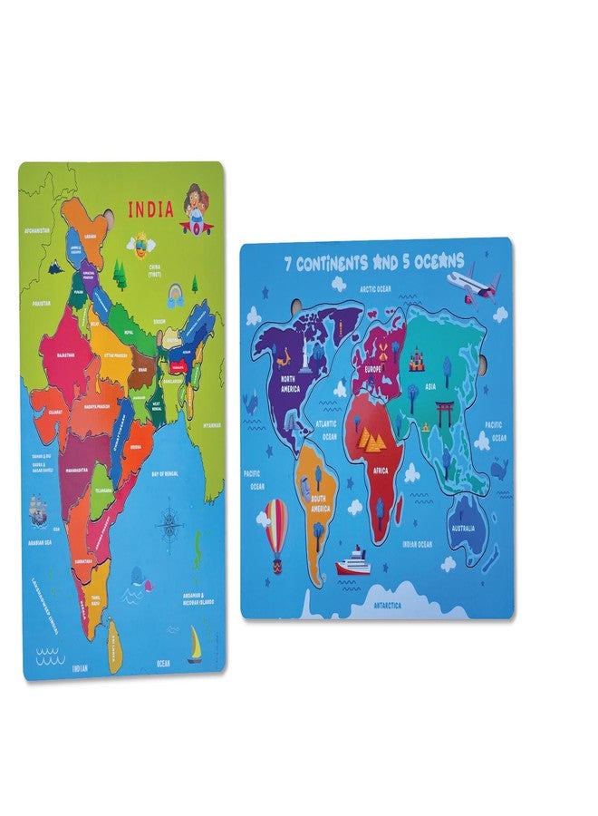 Khilonewale Wooden India map & Continents of World Puzzle for Kids, 2 Pieces (Set of 2) - Image 1