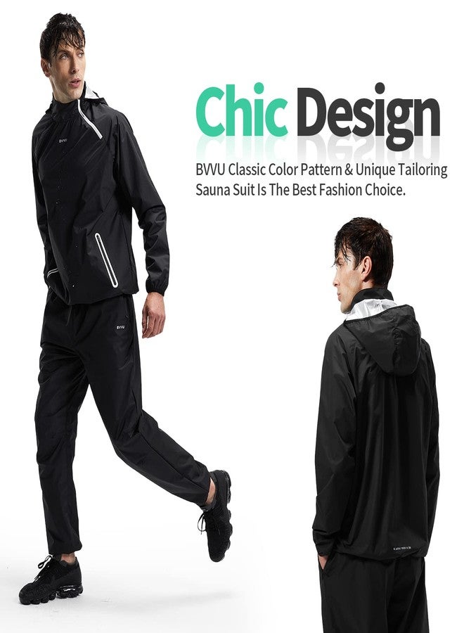 BVVU Sauna Suit for Men Zipper Sweat Sauna Jacket Pant Gym Workout Sweat Suits with Hood Black 2XL - Image 5
