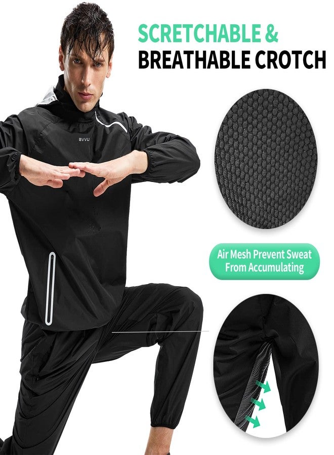 BVVU Sauna Suit for Men Zipper Sweat Sauna Jacket Pant Gym Workout Sweat Suits with Hood Black 2XL - Image 4