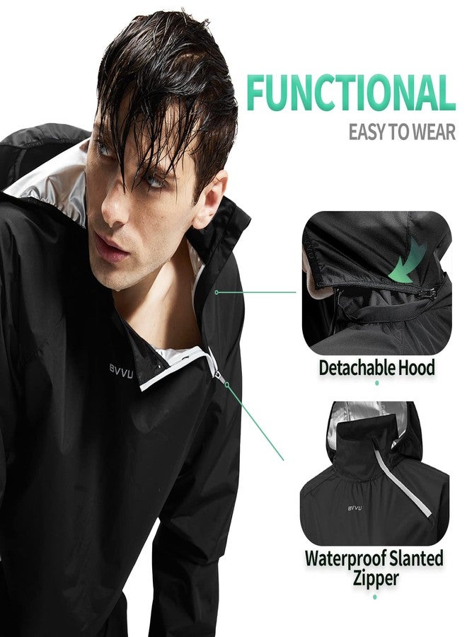 BVVU Sauna Suit for Men Zipper Sweat Sauna Jacket Pant Gym Workout Sweat Suits with Hood Black 2XL - Image 2