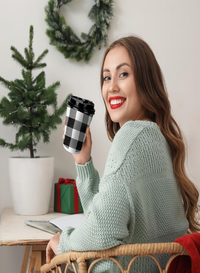 Whaline أكواب قهوة قابلة للتصرف من واهلين 50 قطعة مع أغطية، أكواب ورقية بتصميم مربعات بافلو الكلاسيكية باللونين الأسود والأبيض، أكواب شرب ذات جدار مضلع معزولة للمشروبات الساخنة والباردة، الشاي والقهوة، 12 أونصة - Image 4