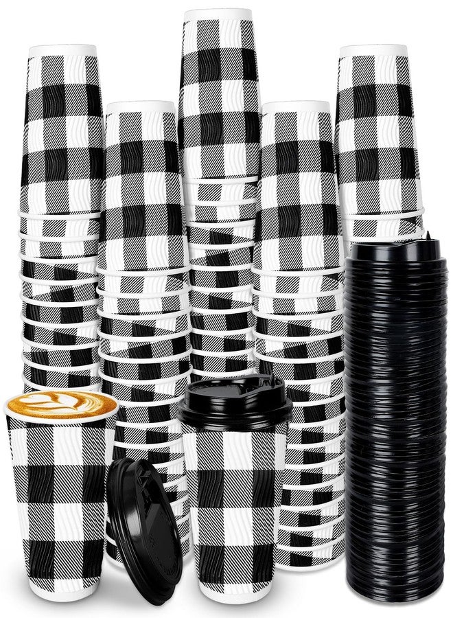 Whaline أكواب قهوة قابلة للتصرف من واهلين 50 قطعة مع أغطية، أكواب ورقية بتصميم مربعات بافلو الكلاسيكية باللونين الأسود والأبيض، أكواب شرب ذات جدار مضلع معزولة للمشروبات الساخنة والباردة، الشاي والقهوة، 12 أونصة - Image 1