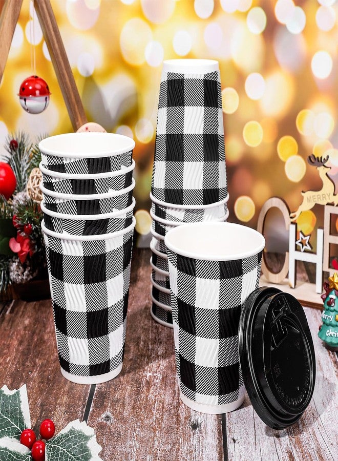 Whaline أكواب قهوة قابلة للتصرف من واهلين 50 قطعة مع أغطية، أكواب ورقية بتصميم مربعات بافلو الكلاسيكية باللونين الأسود والأبيض، أكواب شرب ذات جدار مضلع معزولة للمشروبات الساخنة والباردة، الشاي والقهوة، 12 أونصة - Image 3