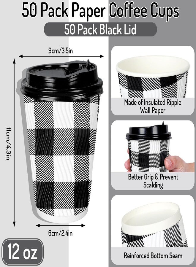Whaline أكواب قهوة قابلة للتصرف من واهلين 50 قطعة مع أغطية، أكواب ورقية بتصميم مربعات بافلو الكلاسيكية باللونين الأسود والأبيض، أكواب شرب ذات جدار مضلع معزولة للمشروبات الساخنة والباردة، الشاي والقهوة، 12 أونصة - Image 2
