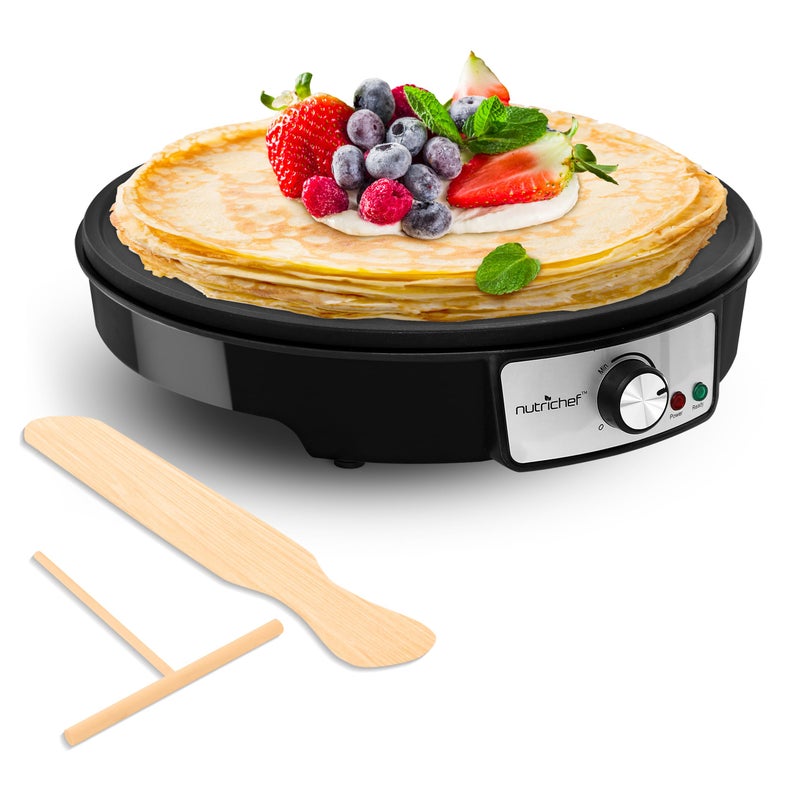 NutriChef صانعة الكريب الكهربائية من نوتريشيف - سطح طهي غير لاصق 12 بوصة من الألمنيوم مع أضواء مؤشر LED وتحكم في درجة الحرارة قابل للتعديل - ملعقة خشبية وموزع عجين متضمن - Image 1