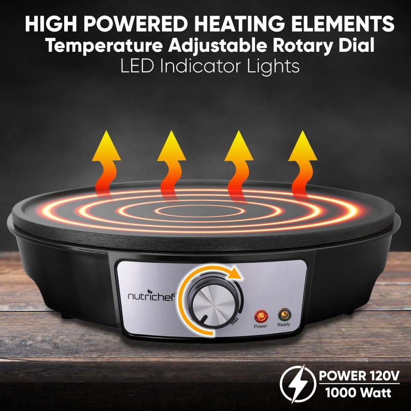 NutriChef صانعة الكريب الكهربائية من نوتريشيف - سطح طهي غير لاصق 12 بوصة من الألمنيوم مع أضواء مؤشر LED وتحكم في درجة الحرارة قابل للتعديل - ملعقة خشبية وموزع عجين متضمن - Image 5