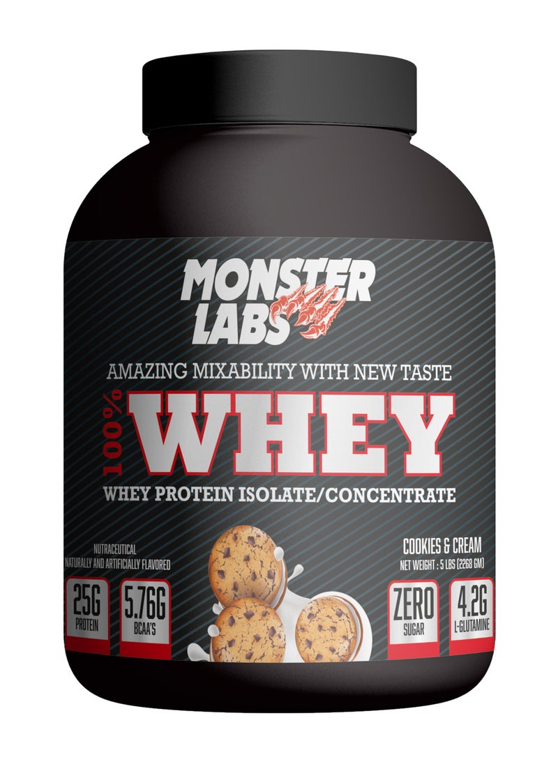 MONSTER LABS - Monster Labs 100% Whey Protein, 25 Grams of Protein for Muscle Support and Recovery - Cookies & Cream, 5lbs (76 Servings) - Image 1