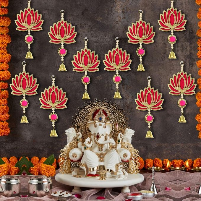 PINK WALL DECOR LOTUS WITH RINGING BELL FOR DECORATION PACK OF 10 TORAN FOR DOOR WALL HANGINGS BACKDROP POOJA ROOMDIWALI WEDDING FESTIVAL DCORLOTUS HANGING BELL 10