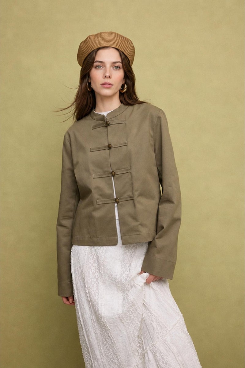 DeFacto Green Woman 100% Cotton Regular Fit Buttoned Napoleon Jacket Casual - Image 1