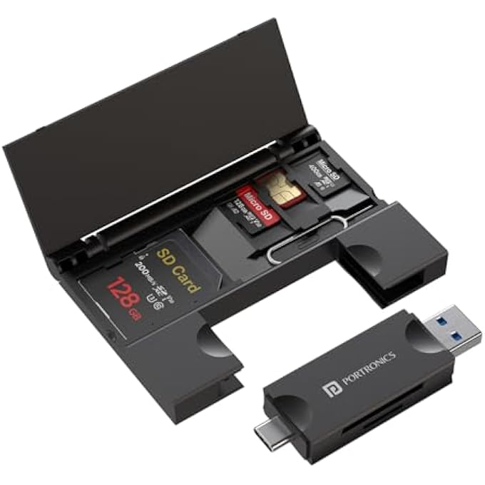 Portronics MPORT 30 PLUS CARD READER WITH STORAGE CASE FOR MICROSD & SD CARDS, TYPE-C & USB DUAL PLUGS, CARRY CASE FOR MICROSD, SD, SIM CARDS AND SIM EJECTOR TOOL (BLACK) - Image 1