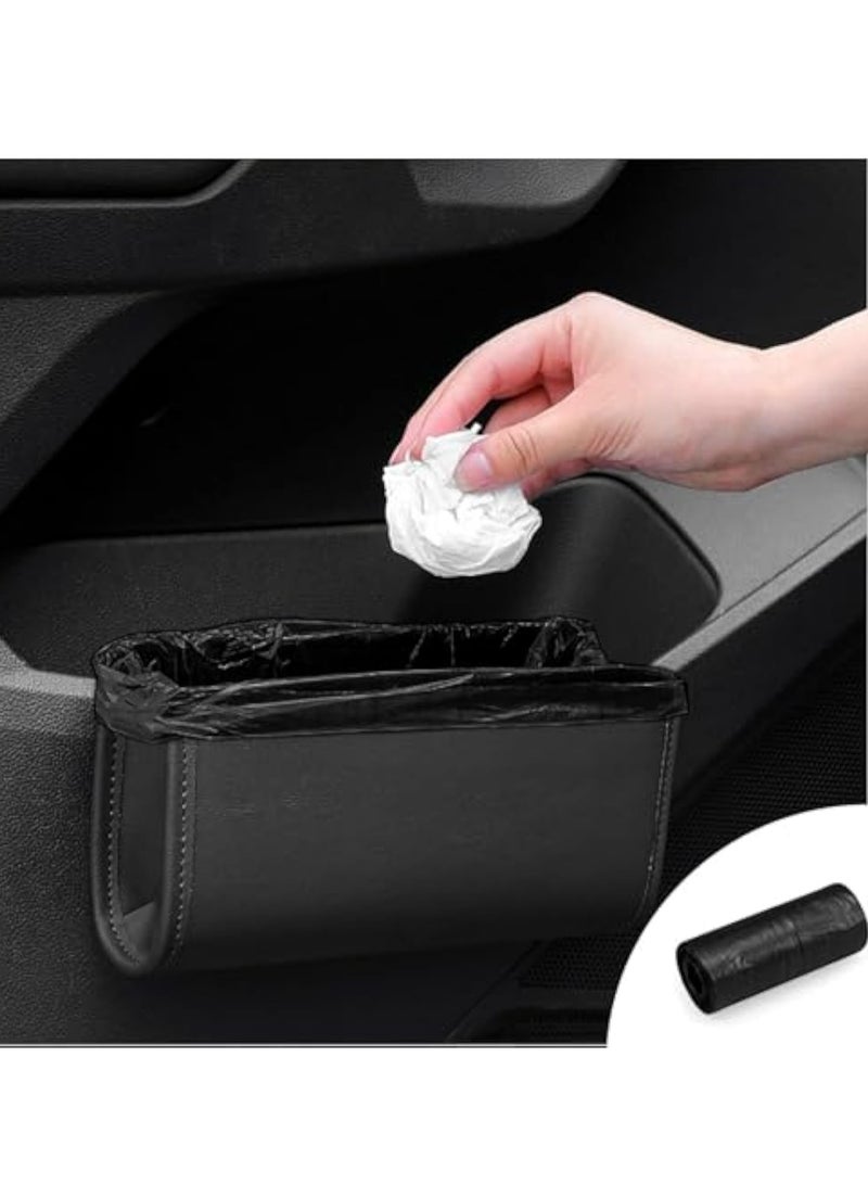 SOLARAE Car Trash Can, Leather Car Trash Bin Door Organizer with a Roll of Garbage Bag, Leakproof Mini Trash, Foldable Hanging Mini Cars Storage, Must Have Essentials Interior Accessories, Black - Image 1
