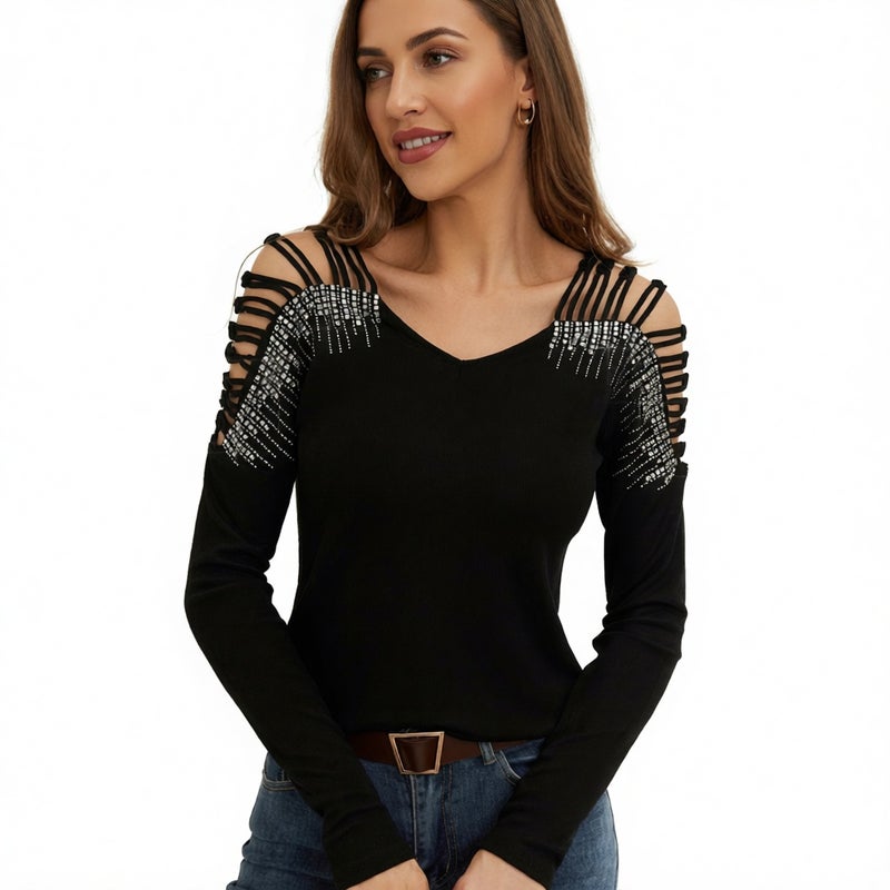 Women's V-Neck Lace Trim Long Sleeve T-Shirt with Rhinestone Embellishment - Image 1