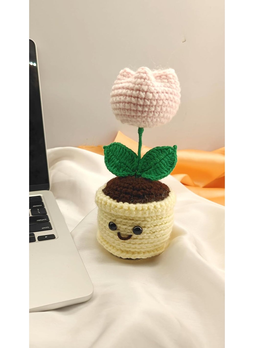 Knotsngifts Light Pink Tulip with White Mini Pot with Smiley Face