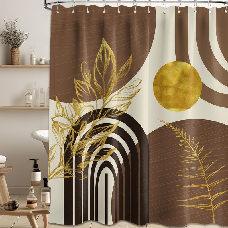 QGHOT Mid Century Modern Black and Brown Shower Curtain Boho Beige and Dark Tan Gold Shower Curtains for Mens Bathroom Decor Sets Waterproof Cloth Fabric with Hooks 70x72in
