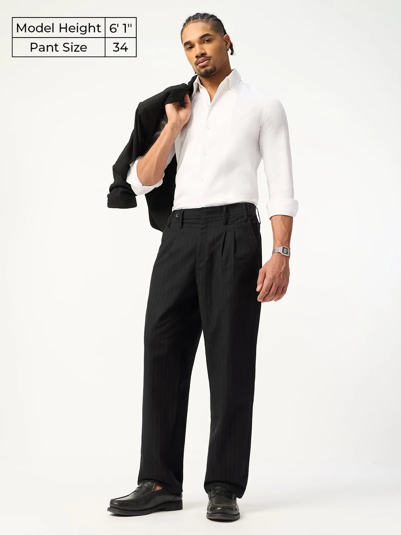 The Souled Store  The Souled Store Korean Pants: Navy Blue Stripes Mens and Boys Pinstriped Cotton Spandex Blend Straight Fit Pleated Elastic Back Waistband Adjustable Waist Tabs Trousers  | Best Price UAE