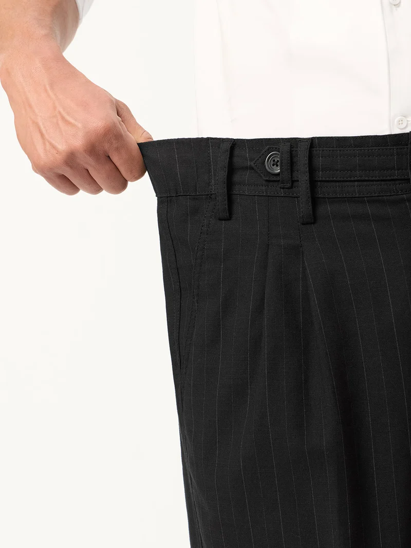 The Souled Store  The Souled Store Korean Pants: Navy Blue Stripes Mens and Boys Pinstriped Cotton Spandex Blend Straight Fit Pleated Elastic Back Waistband Adjustable Waist Tabs Trousers  | Best Price UAE