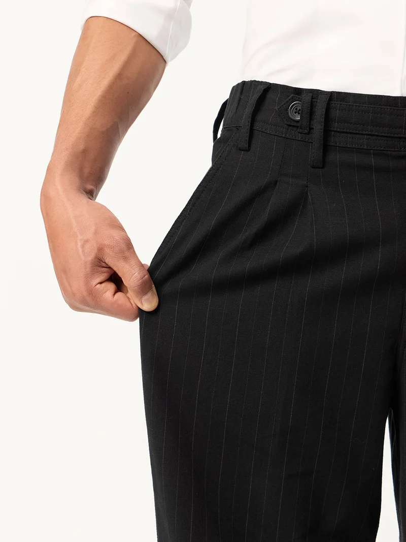 The Souled Store  The Souled Store Korean Pants: Navy Blue Stripes Mens and Boys Pinstriped Cotton Spandex Blend Straight Fit Pleated Elastic Back Waistband Adjustable Waist Tabs Trousers  | Best Price UAE