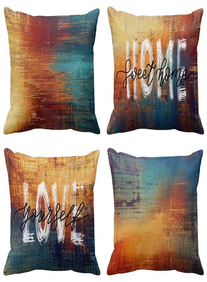 Emvency Set of 4 Blue and Orange Throw Pillow Covers Vintage Abstract Messy Rust Home Sweet Home Love Yourself Painting Decorative Pillow Cases Home Decor Standard Square 18x18 Inches Pillowcases - Image 1
