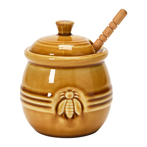 Creative CoOp Farmhouse Embossed Stoneware Honey Pot with Wood Honey Dipper Amber Orange