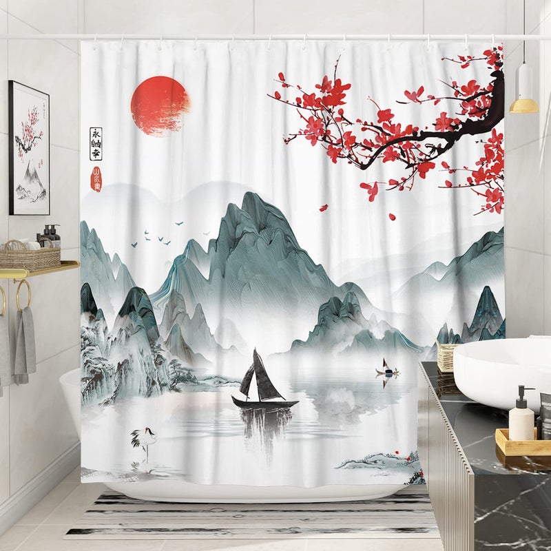 Witzest Japanese Cherry Blossom Shower Curtain Set, Asian Anime Shower Curtains for Bathroom Cool Watercolor Abstract Art Decor Polyester Fabric-72" x 72" - Image 3