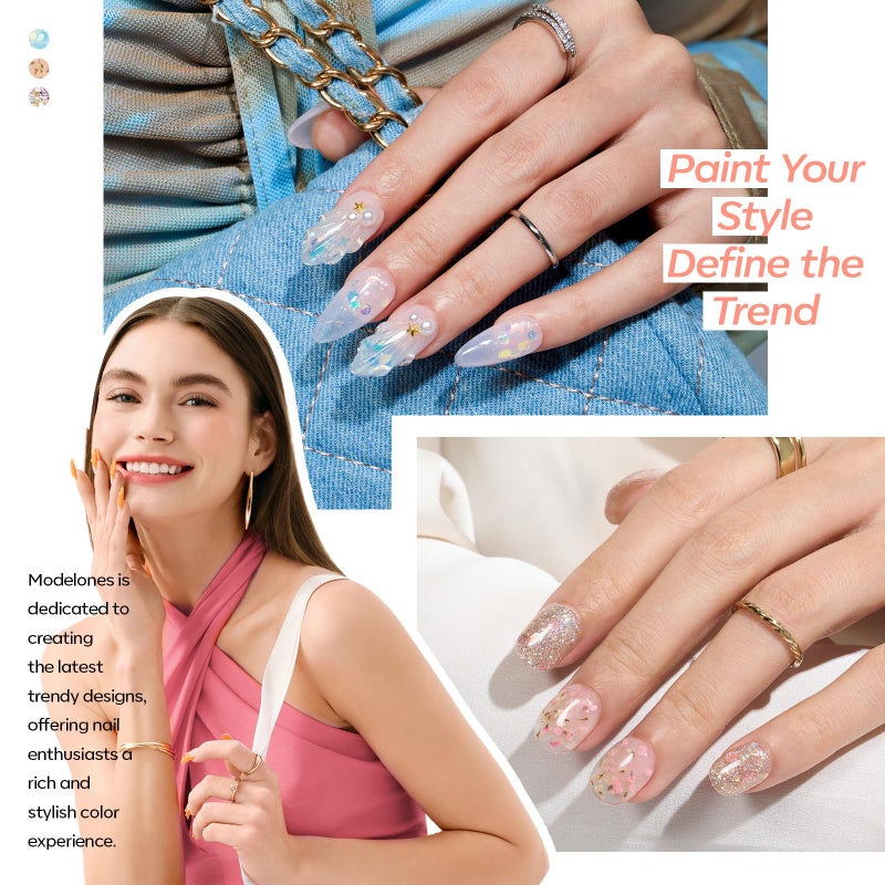 modelones Gel Nail Polish Set, 6 Colors Dried Flower Laser Butterfly Blue Pink Star Shape Ornament Glitter Gel Polish Collection with Wooden Stick All Seasons Soak Off LED Manicure DIY Gift - Image 3