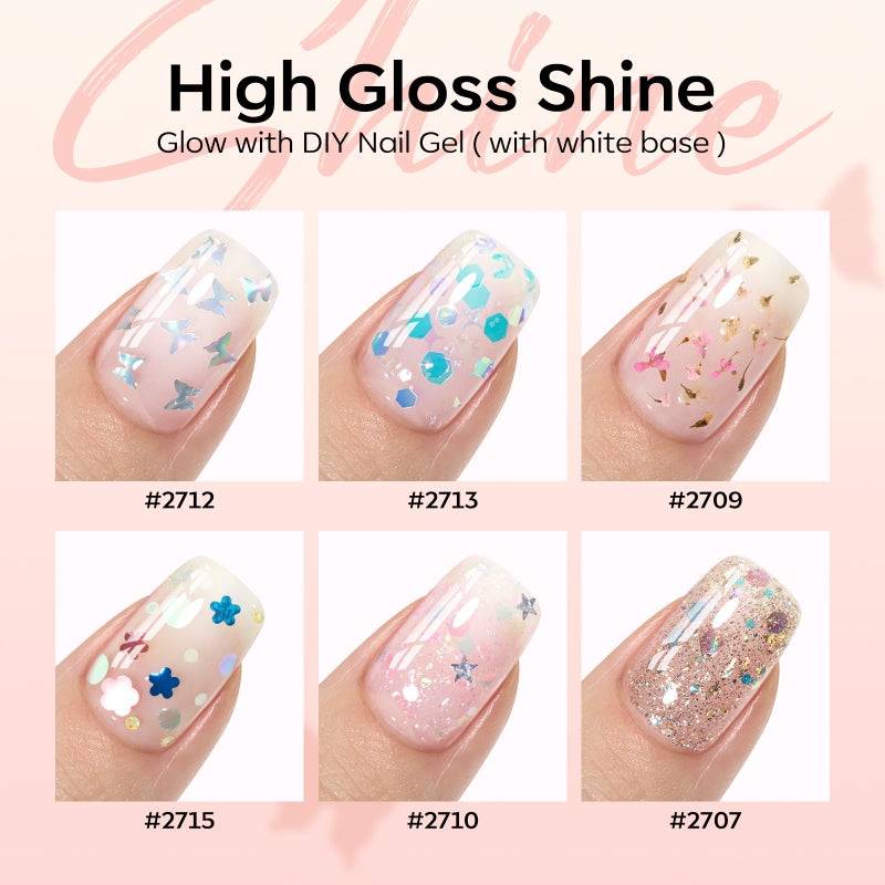 modelones Gel Nail Polish Set, 6 Colors Dried Flower Laser Butterfly Blue Pink Star Shape Ornament Glitter Gel Polish Collection with Wooden Stick All Seasons Soak Off LED Manicure DIY Gift - Image 5