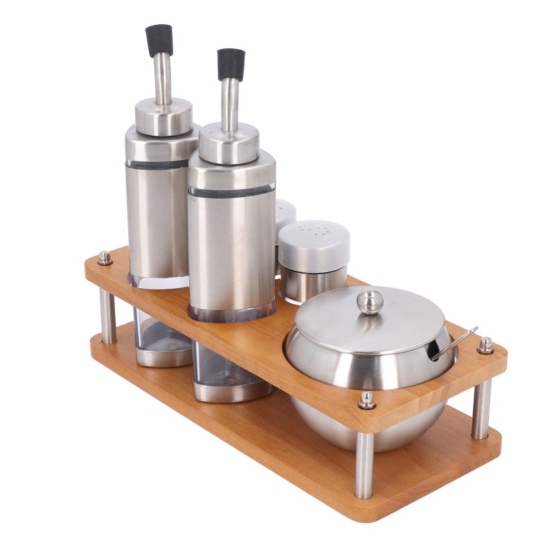 مجموعة مزيلات التوابل للمطبخ: 6 زجاجات من الفولاذ المقاوم للصدور 304 مع قاعدة خشبية - زجاجات زيت وخل طازجة ومُغلقة بشكل ضيق وسهلة التنظيف لأرضية المطبخ المنزلي - Image 2