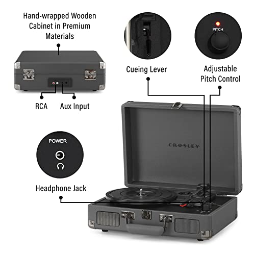 Crosley CR8005F-SG Cruiser Plus Vintage 3-Speed Bluetooth in/Out Suitcase Vinyl Record Player Turntable, Slate - Image 3