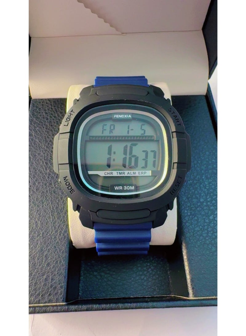 ساعة يد رياضية رقمية للرجال من FENCXIA طراز FC-2029G - هيكل أسود مع سوار سيليكون أزرق، مقاومة للماء حتى عمق 30 مترًا، إضاءة خلفية LED، ساعة توقيت، منبه، عرض التاريخ واليوم (جديدة تمامًا) - Image 1