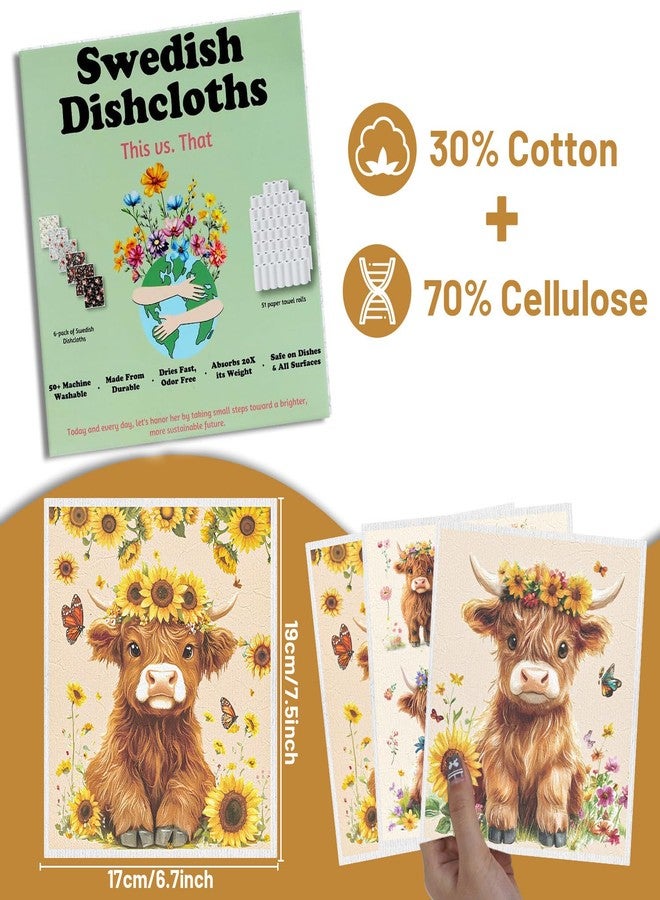 InIsaJace Swedish Dishcloths for Kitchen, 6PCS Floral Highland Cow Swedish Dish Cloths Gift Set, Reusable Washable Absorbent Dish Towel for Home Cleaning - Image 2
