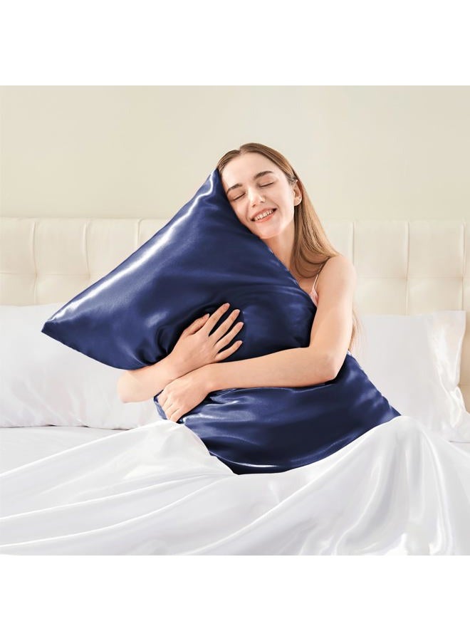 BEDELITE غطاء وسادة جسم ساتان، ناعم للغاية وبارد، غطاء وسادة جسم لل شعر والبشرة، غطاء وسادة طويل حريري قابل للتنفس (20"x54"، أزرق داكن) - Image 2
