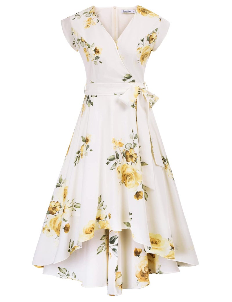 JASAMBAC Women's Empire Waist Petal Sleeve Floral Wrap V Neck High Low Bridal Shower Dress for Bride Floral Yellow M - Image 1