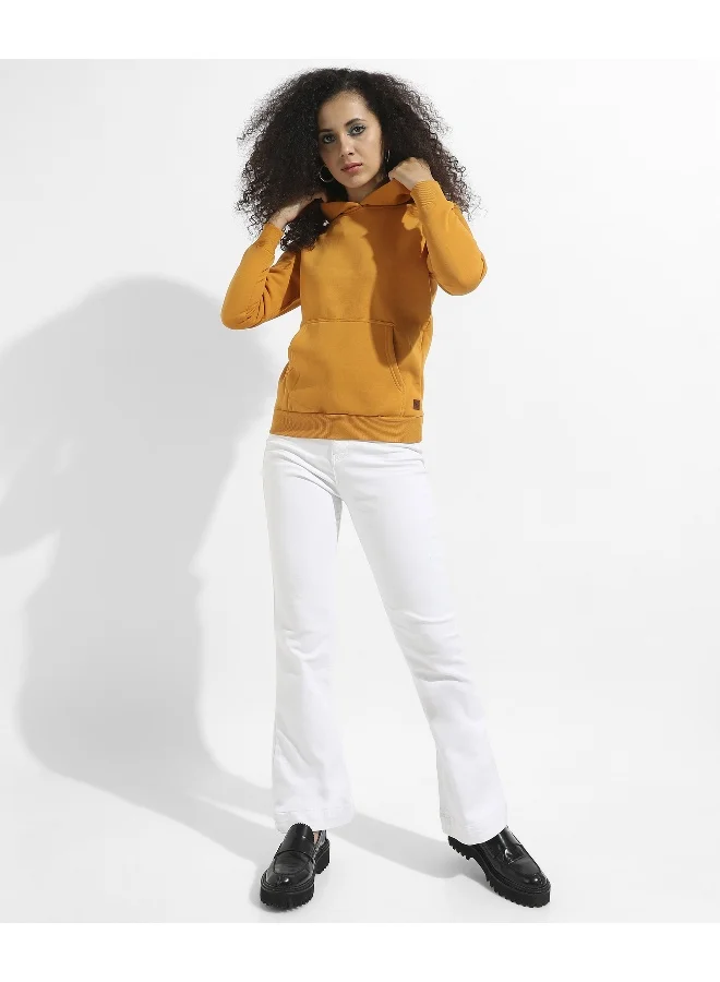 كامبوس سوترا كنزة صوفية نسائية ذات قلنسوة باللون الأصفر الخردل مع جيوب الكنغر