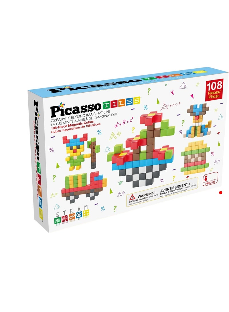 PicassoTiles مكعبات بيكاسو تايلز المغناطيسية 108 قطعة | ألعاب STEM | مجموعة ألعاب تعليمية | كتل تكديس | تعزز مهارات حل المشكلات والمهارات الحركية الدقيقة | تحسن التنسيق والإبداع | هدية للأطفال والرضع | مجموعة بناء لتطوير عقل الطفل - Image 1