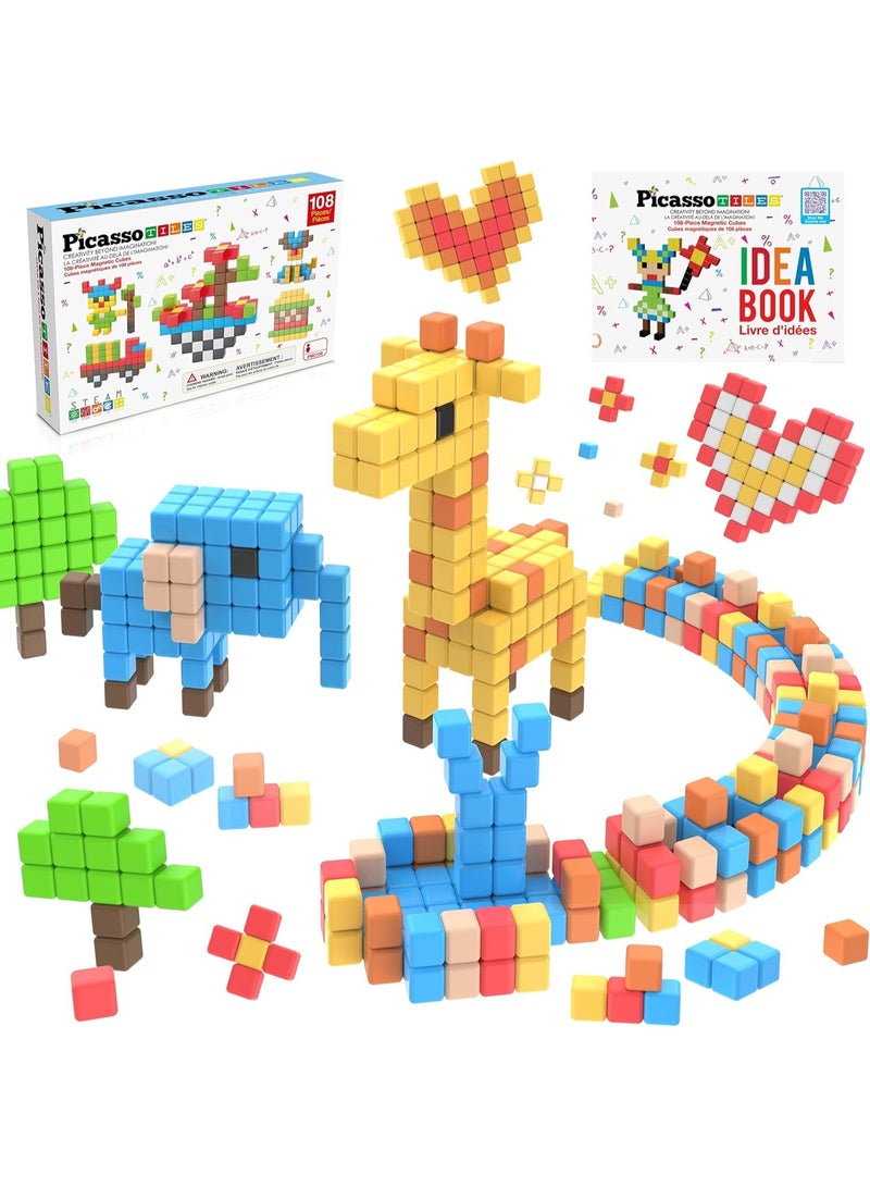 PicassoTiles مكعبات بيكاسو تايلز المغناطيسية 108 قطعة | ألعاب STEM | مجموعة ألعاب تعليمية | كتل تكديس | تعزز مهارات حل المشكلات والمهارات الحركية الدقيقة | تحسن التنسيق والإبداع | هدية للأطفال والرضع | مجموعة بناء لتطوير عقل الطفل - Image 3