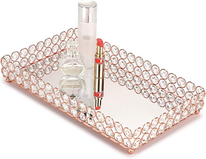 Hipiwe Crystal Cosmetic Makeup Tray  Large Mirrored Vanity Trays Jewelry Trinket Organizer Home Decorative Dresser Trays Bathroom Tray Rosy Gold