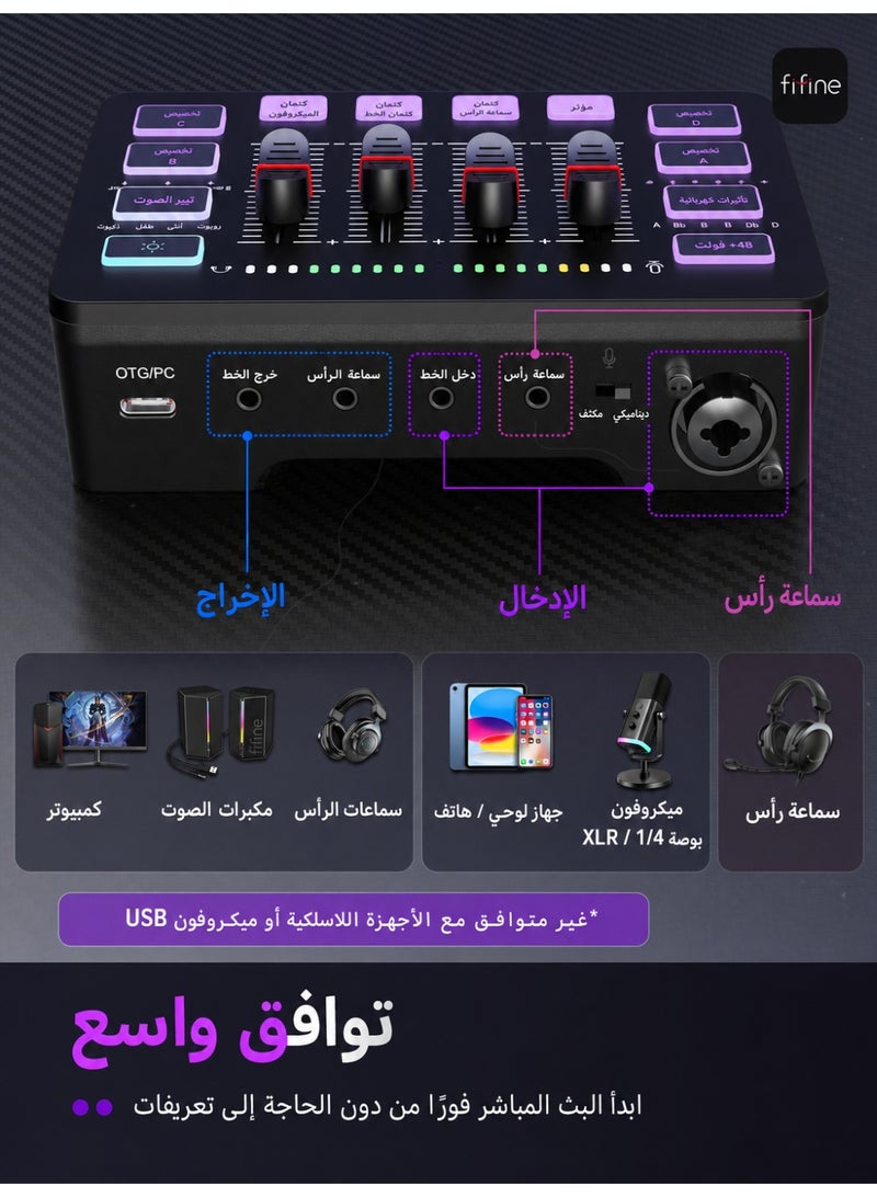 FIFINE Gaming Audio Mixer, Streaming RGB PC Mixer with XLR Microphone Interface, Individual Control, Volume Fader, Mute Button, 48V Phantom Power, for Podcast/Recording/Vocal/Game Voice-AmpliGame SC3 - Image 2