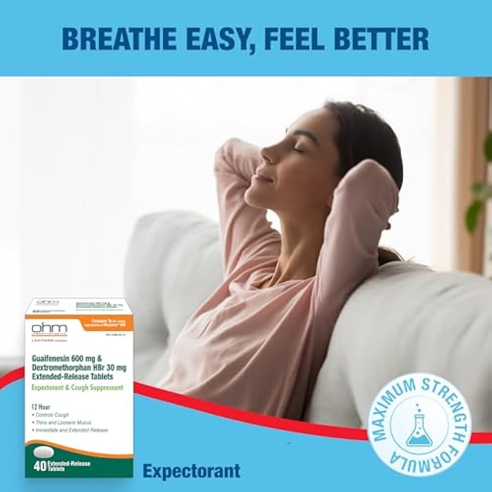 Ohm Guaifenesin 600 mg Extended Release Tablets, Dextromethorphan HBr 30 mg - Expectorant & Cough Suppressant, Loosens Mucus, Controls Cough for Immediate and Extended Relief (2 Pack, 80, Count) - Image 2