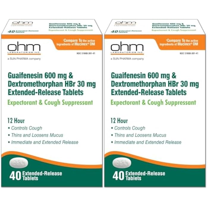 Ohm Guaifenesin 600 mg Extended Release Tablets, Dextromethorphan HBr 30 mg - Expectorant & Cough Suppressant, Loosens Mucus, Controls Cough for Immediate and Extended Relief (2 Pack, 80, Count) - Image 1