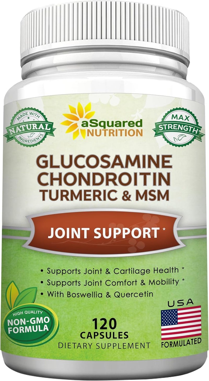 aSquared Nutrition Glucosamine Chondroitin Turmeric MSM Boswellia  120 Capsules  Joint Support Supplement  Joint Support Relief Pills for Health  Natural Supplement for Back Knee  Hands - Image 1