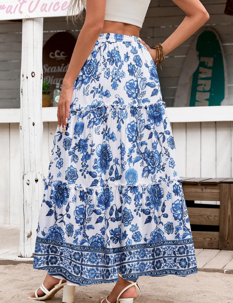 Zeagoo Women's Blue Floral Printed Skirts Casual Long Maxi Skirts with Pockets Womens Summer Boho Beach Skirts for Women 2026 Flowy Tiered Skirts L - Image 4