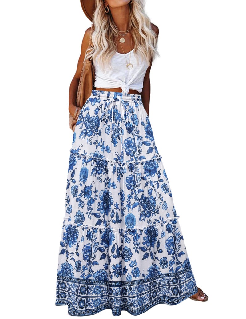 Zeagoo Women's Blue Floral Printed Skirts Casual Long Maxi Skirts with Pockets Womens Summer Boho Beach Skirts for Women 2026 Flowy Tiered Skirts L - Image 1