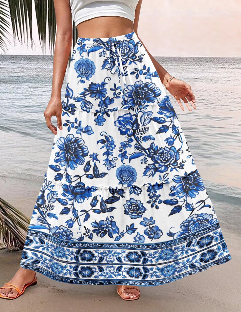 Zeagoo Women's Blue Floral Printed Skirts Casual Long Maxi Skirts with Pockets Womens Summer Boho Beach Skirts for Women 2026 Flowy Tiered Skirts L - Image 2