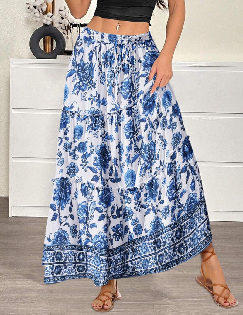 Zeagoo Women's Blue Floral Printed Skirts Casual Long Maxi Skirts with Pockets Womens Summer Boho Beach Skirts for Women 2026 Flowy Tiered Skirts L - Image 5