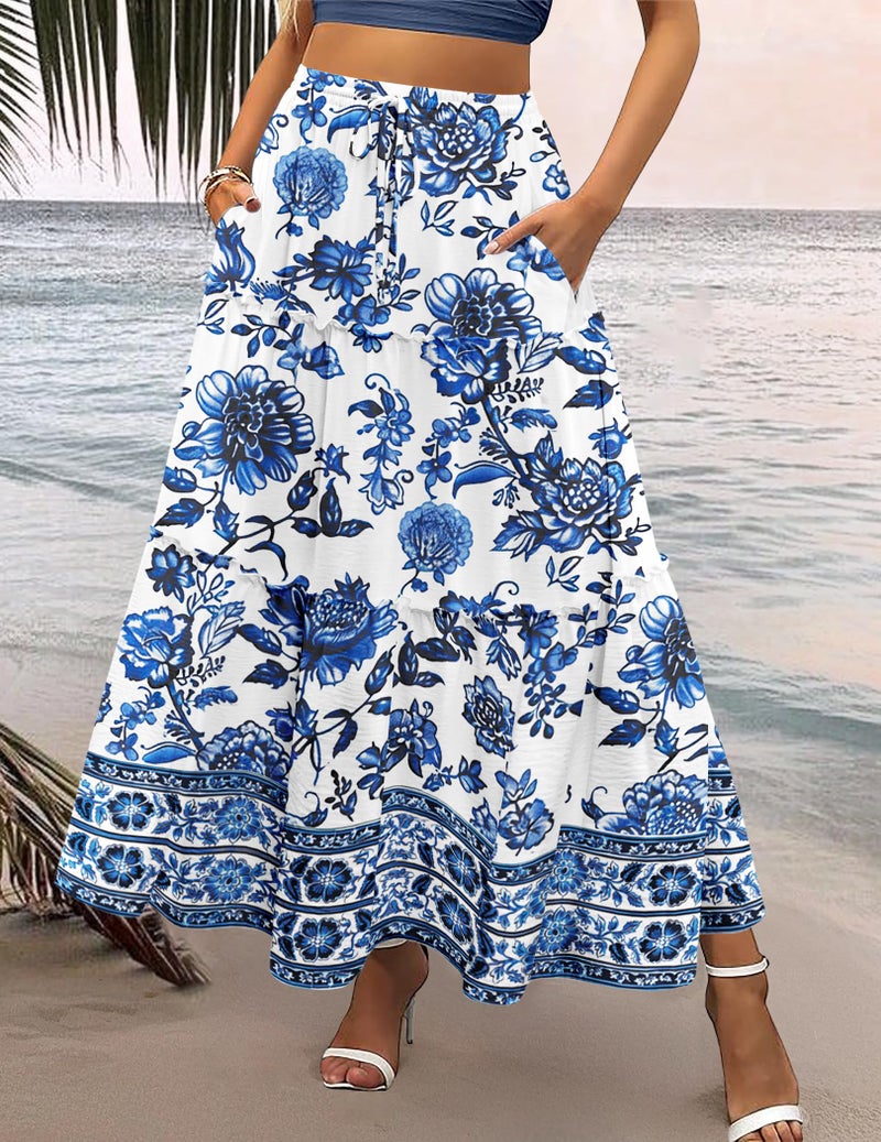 Zeagoo Women's Blue Floral Printed Skirts Casual Long Maxi Skirts with Pockets Womens Summer Boho Beach Skirts for Women 2026 Flowy Tiered Skirts L - Image 3
