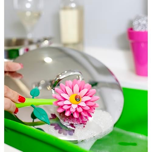 Vigar Flower Power Dish Brush with Handle and Vase Dish Brush Holder, Kitchen Scrub Brush for Pot Scrubber, Dishes, and Sink Cleaning, Pink, Green - Image 2