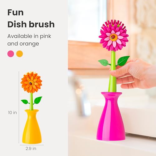 Vigar Flower Power Dish Brush with Handle and Vase Dish Brush Holder, Kitchen Scrub Brush for Pot Scrubber, Dishes, and Sink Cleaning, Pink, Green - Image 3