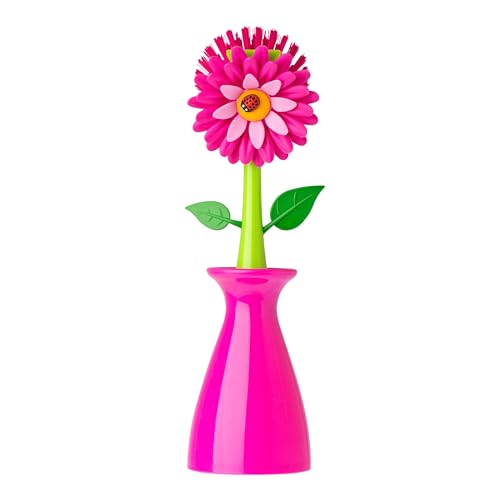 Vigar Flower Power Dish Brush with Handle and Vase Dish Brush Holder, Kitchen Scrub Brush for Pot Scrubber, Dishes, and Sink Cleaning, Pink, Green - Image 1
