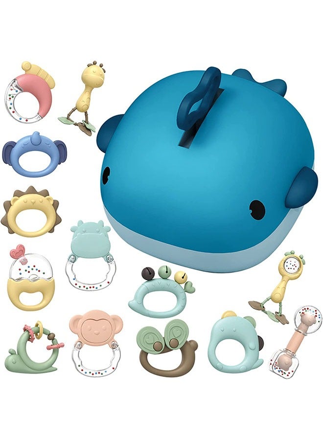 YelaJoy Rattle Baby Toys,13 Pieces Baby Teething Toys,0-12 Months, Baby Rattles Shaker with Storage Box,BPA-Free Newborn Toys Grip Toys,Baby Sensory Toys Gift(Blue)  - Image 1