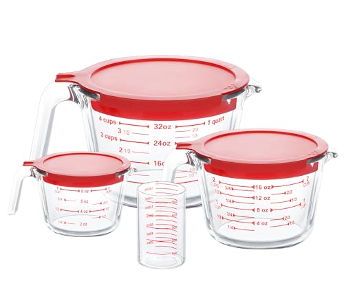 KOMUEE 4 Piece Glass Measuring Cups Set 5 Oz 1Cup 2Cup 4Cup Liquid Measuring Cups with Lids for Kitchen Freezer and Microwave Safe